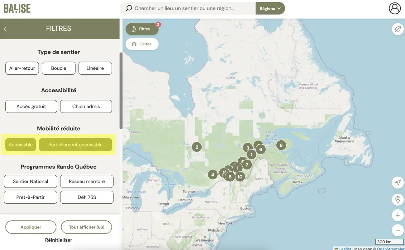 Accessibilité des sentiers sur Balise Québec, répertoire gratuit de randonnées